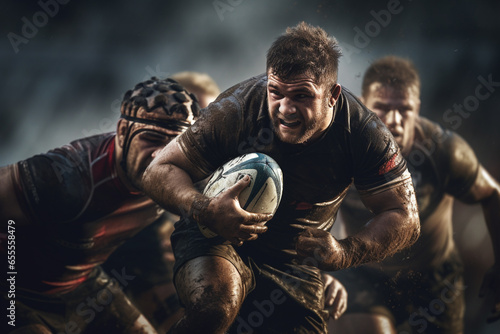 Male rugby players competing on the rugby field