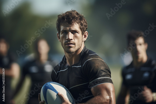 Male rugby players competing on the rugby field