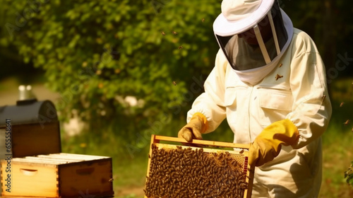 honey farming and beekeeper with crate