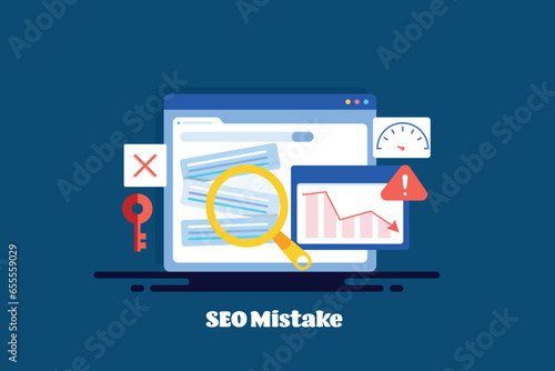 Search engine ranking drop, SEO mistake, website traffic graph arrow going down, conceptual digital marketing error, vector illustration banner.