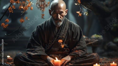 Asian monk meditating in a Buddhist temple. Religious concept