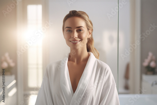 a beautiful woman smiling in the bathroom wearing white robe