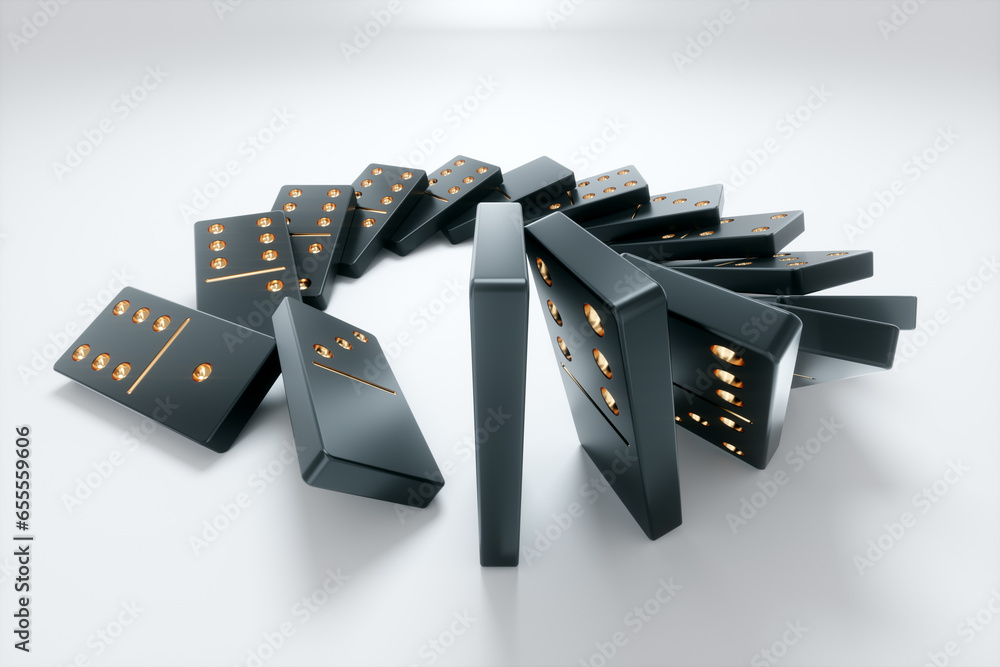 Domino tiles stand on a white background in a circle. Concept Domino effect, chain reaction, Metaphor default, economic crisis. 3D illustration, 3D render. Domino tiles stand on a white background in a circle. Concept Domino effect, chain reaction, Metaphor default, economic crisis. 3D illustration, 3D render.