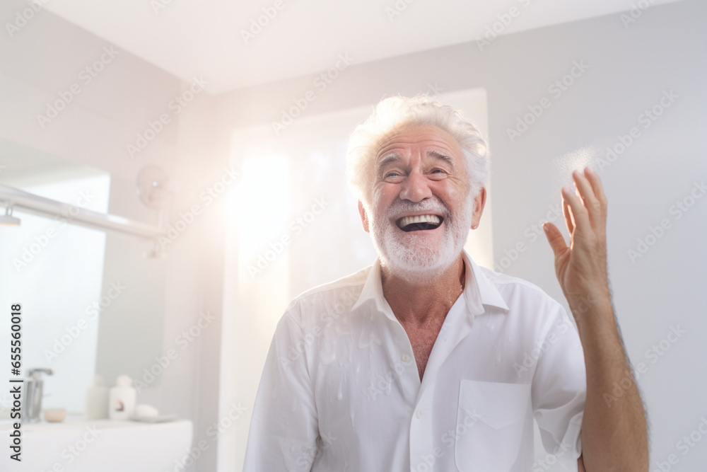 Elderly man smiling with the mirror in the bedroom white Elderly man smiling with the mirror in the bedroom white
