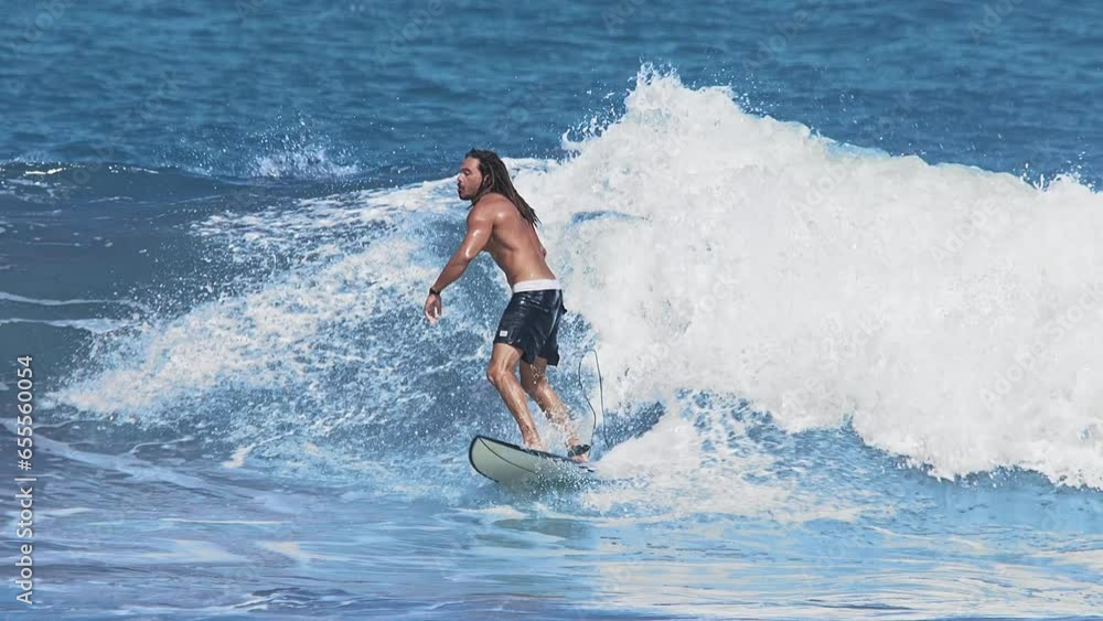 Surfer Riding on Surfboard in Beautiful Ocean Waves Slow Motion. Cool Paradise Adventure Leisure Island. Fun Sunny Day of Surfboarder in Blue Big Ocean. Pro Healthy Style with Splashing Sea Spray 4k Surfer Riding on Surfboard in Beautiful Ocean Waves Slow Motion. Cool Paradise Adventure Leisure Island. Fun Sunny Day of Surfboarder in Blue Big Ocean. Pro Healthy Style with Splashing Sea Spray 4k
