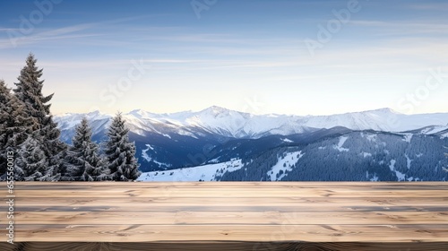 Rustic wooden table in winter with rime covered fir branches in the background. table mockup