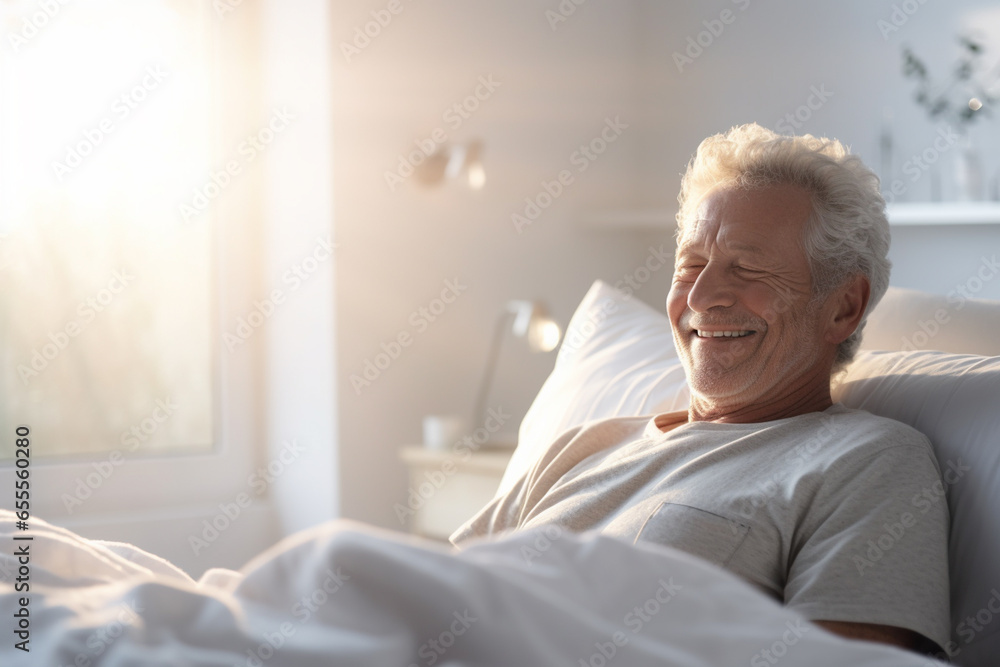 Elderly man happily wakes up in white bedroom - obrazy, fototapety, plakaty 
