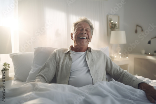 Elderly man happily wakes up in white bedroom