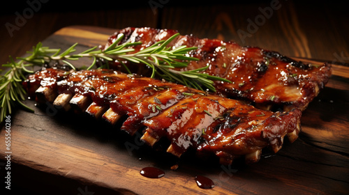 Wallpaper Mural Delicious barbecued ribs seasoned with a spicy basting sauce and served with chopped fresh herbs on an old rustic wooden chopping board dark background Torontodigital.ca