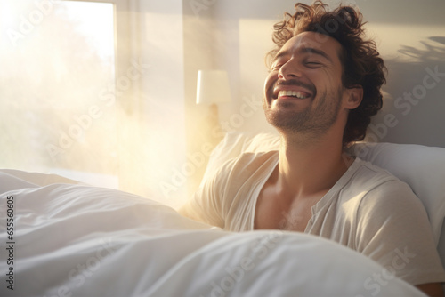 A man happily wakes up in white bedroom