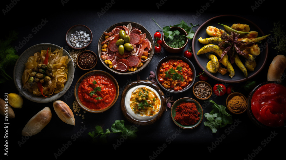 Tapas from spain varied mix of most popular tapa mediterranean food on dark background, top view Tapas from spain varied mix of most popular tapa mediterranean food on dark background, top view