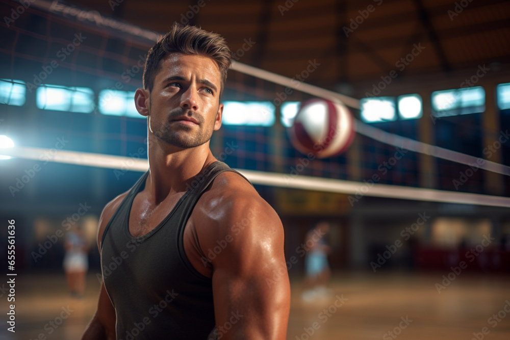 Male volleyball players are competing on the indoor volleyball court Male volleyball players are competing on the indoor volleyball court