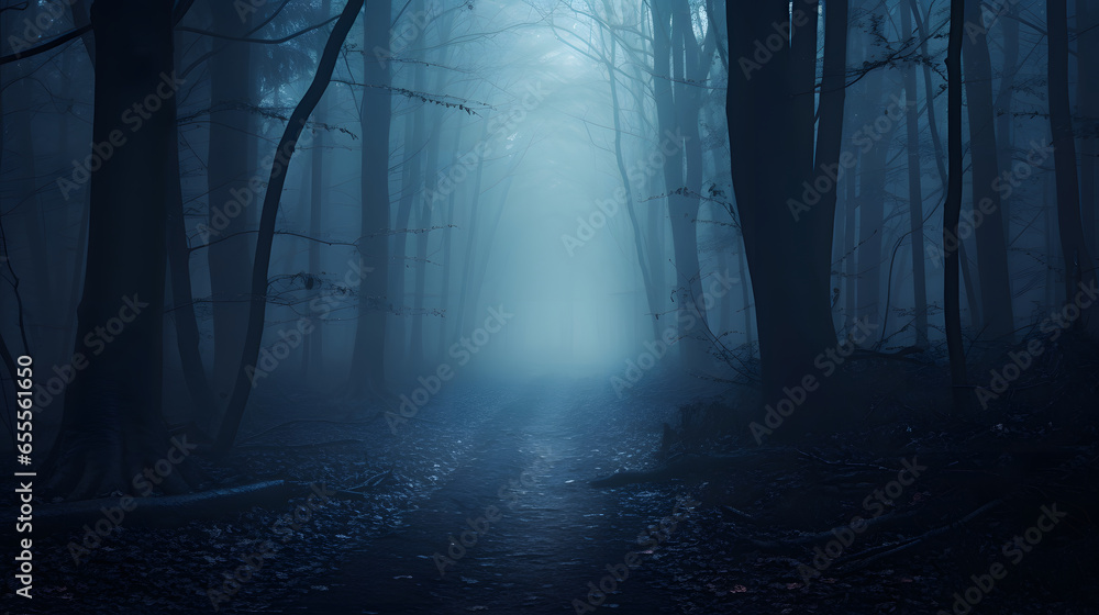 Fototapeta premium Mysterious forest pathway with a blue-toned atmosphere, pathway between trees leading into a dark and misty forest. Halloween backdrop.