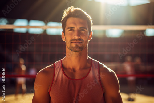 Male volleyball players are competing on the indoor volleyball court