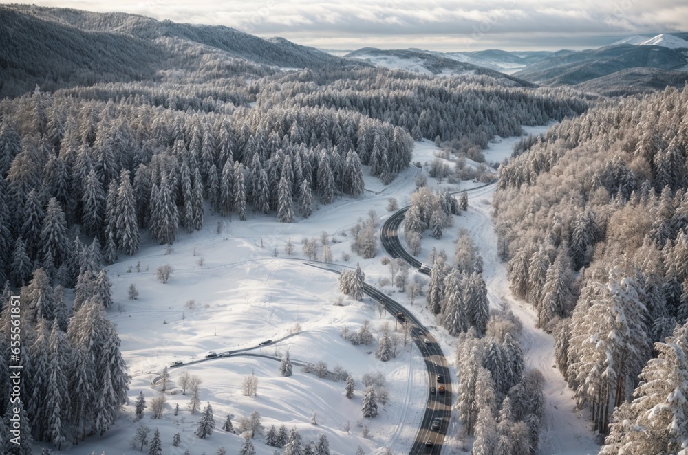 Aerial view of winter road in the forest. Beautiful winter landscape