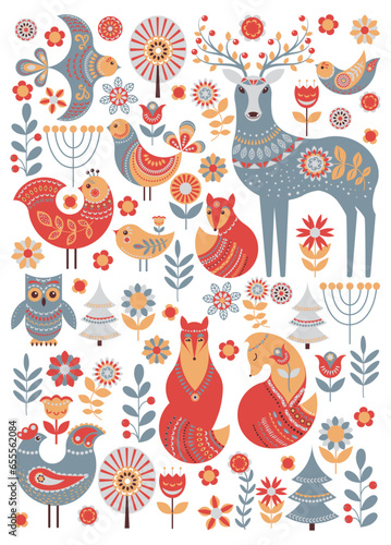 Cute animals and birds in a fairy forest. Deer, owl, foxes, birds, flowers, spruce. Poster, postcard. A set of characters and decorative elements.