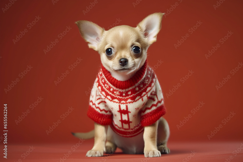 Chihuaha dog with knitted winter sweater on red background