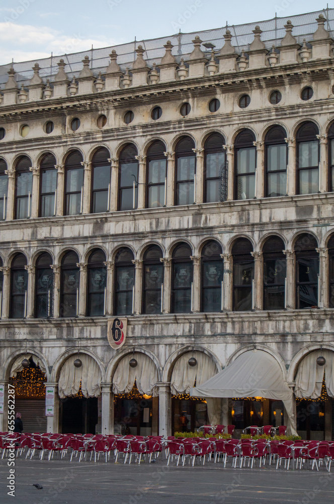 Architecture on Piazza San Marco. Facade,  windows, empty, no people. old building, byzantine, Venice, Italy.