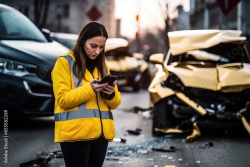 Young female Insurance officer Use your phone to take photos of a car that was in an accident ,Generative AI.