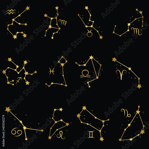 Golden zodiac signs set on black background, astrology symbols and horoscope vector illustration