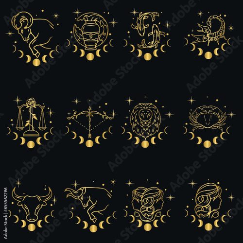 Golden zodiac signs set on black background, astrology symbols and horoscope vector illustration