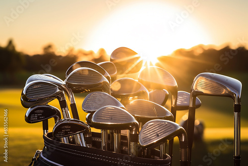 a golf bag with golf clubs on an open field at sunset
