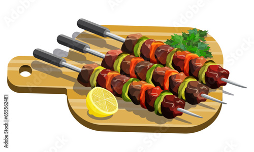 Grilled pork skewer (shashlik) with green peppers, tomatoes served with parsley and lemon on a cutting board. Famous traditional Russian cuisine. Vector illustration.