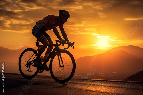 a man riding a bicycle on a road at sunset