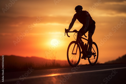 a man riding a bicycle on a road at sunset