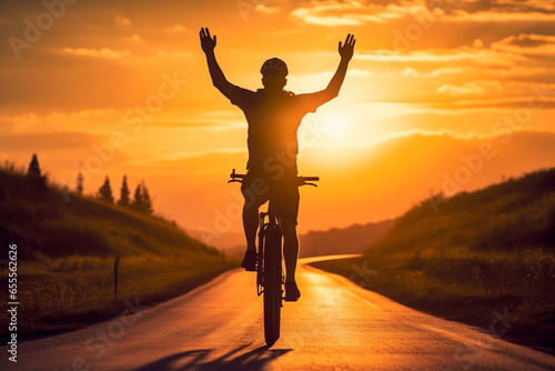 a man riding a bicycle on a road at sunset © toonsteb