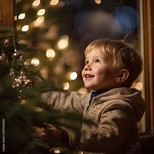 A fictional child looks at his Christmas tree and looks forward to Santa's arrival.