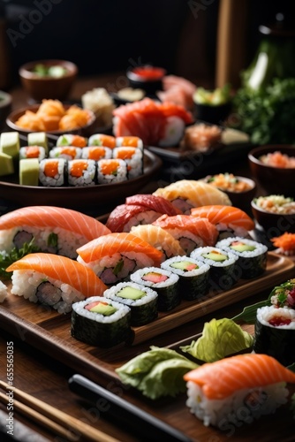 A delicious assortment of sushi on a rustic wooden platter