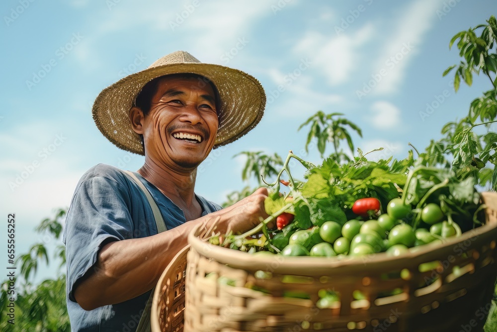 Asian Male Farmer with Basket of Fresh Vegetables, Presenting Organic Vegetables, Healthy Food