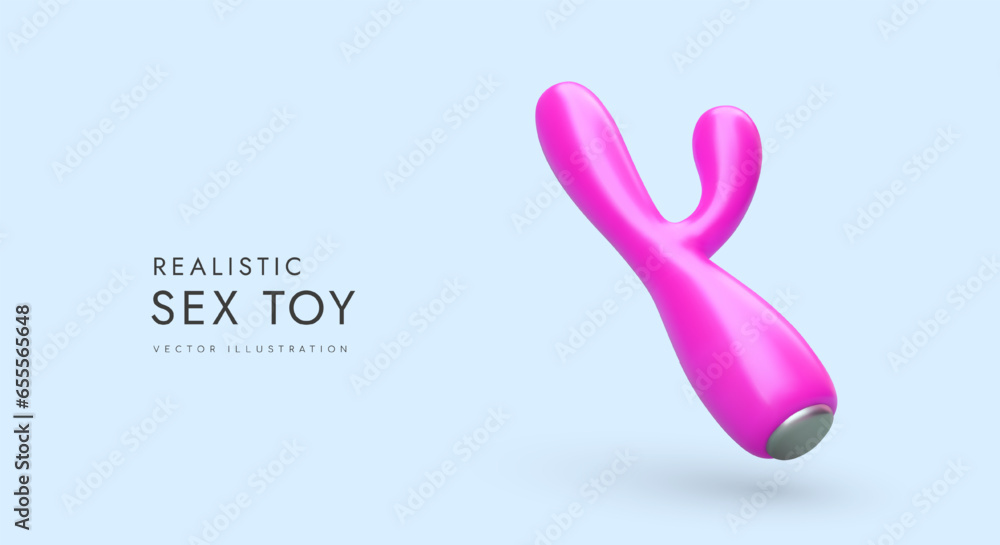 Realistic sex toy. Pink rabbit vibrator. Device for stimulation of vagina and clitoris. Gadget for self pleasure, masturbation. Horizontal poster for sex shop Realistic sex toy. Pink rabbit vibrator. Device for stimulation of vagina and clitoris. Gadget for self pleasure, masturbation. Horizontal poster for sex shop