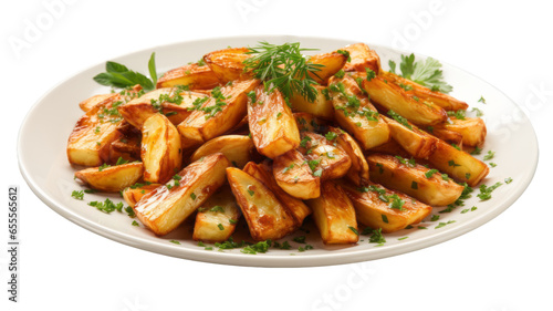 A plate of fried potatoes. Roasted potato wedges in the pan. PNG on transparent background.
