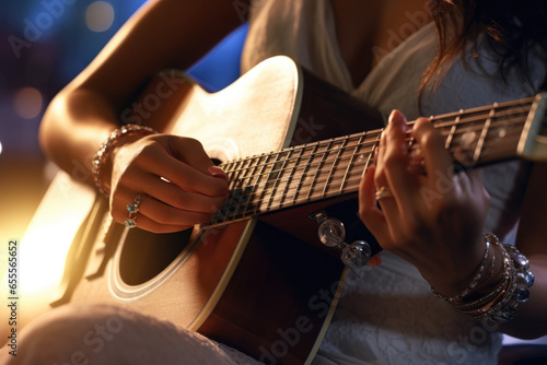 young woman playing guitar, hand focus