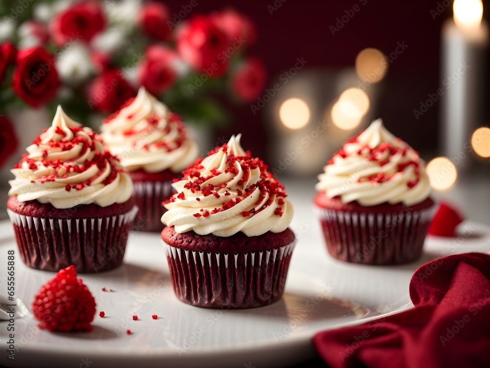 Red velvet cupcake recipe photography, blurred background