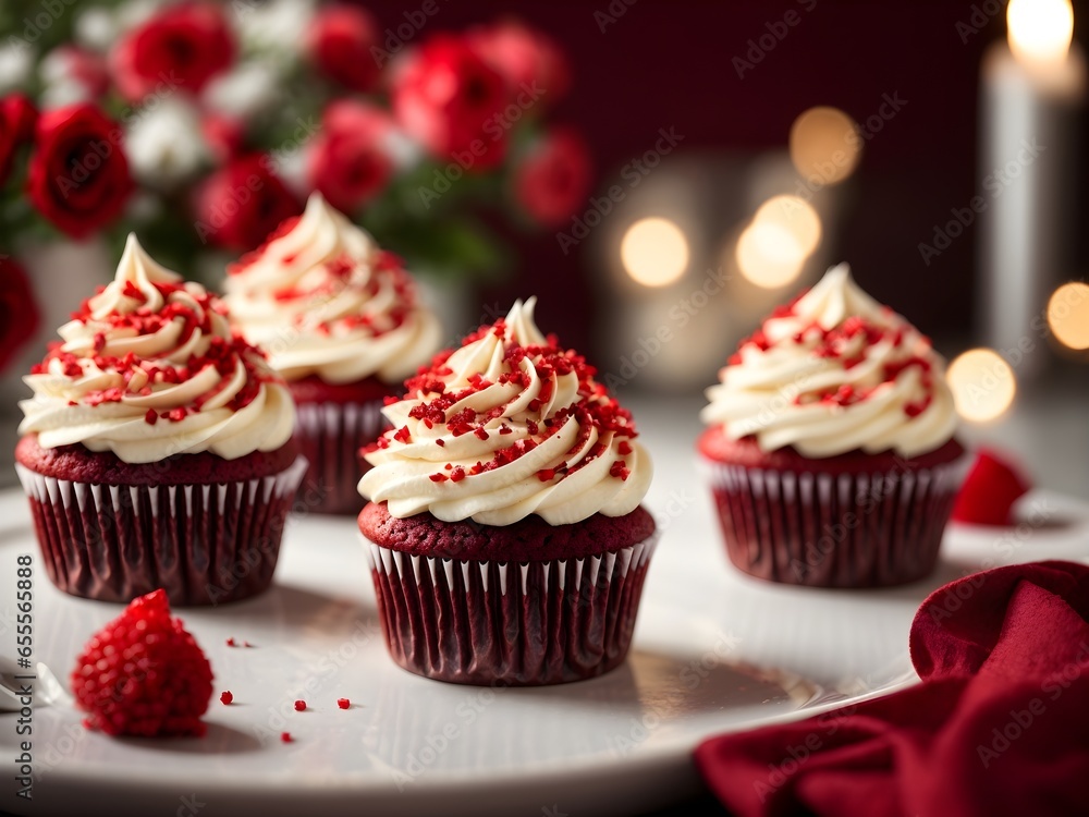 Red velvet cupcake recipe photography, blurred background Red velvet cupcake recipe photography, blurred background