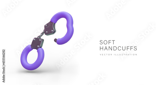 3D purple handcuffs for role playing sex games. Safe soft model. Arrest, punishment, restriction of mobility. Accessories for spouses, couples. Commercial sex shop template