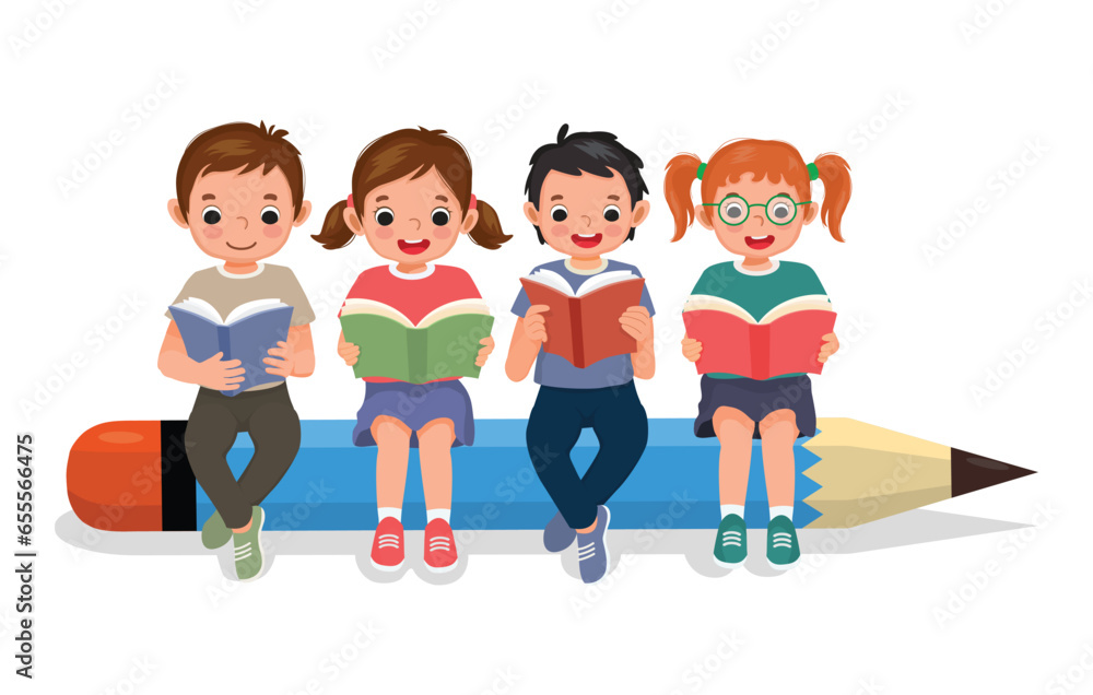 Group of cute happy students reading books together sitting on a big pencil Group of cute happy students reading books together sitting on a big pencil