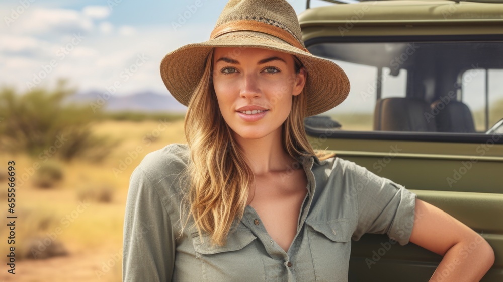 A fictional beautiful smiling blonde girl in a hat stands near a safari truck.