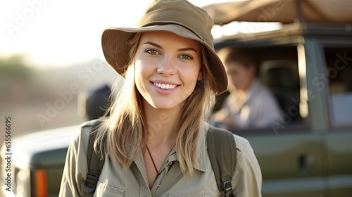 A fictional beautiful smiling blonde girl in a hat stands near a safari truck.