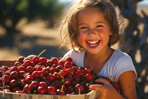 Joyful child proudly showing harvested cherries in an abundant orchard. photo