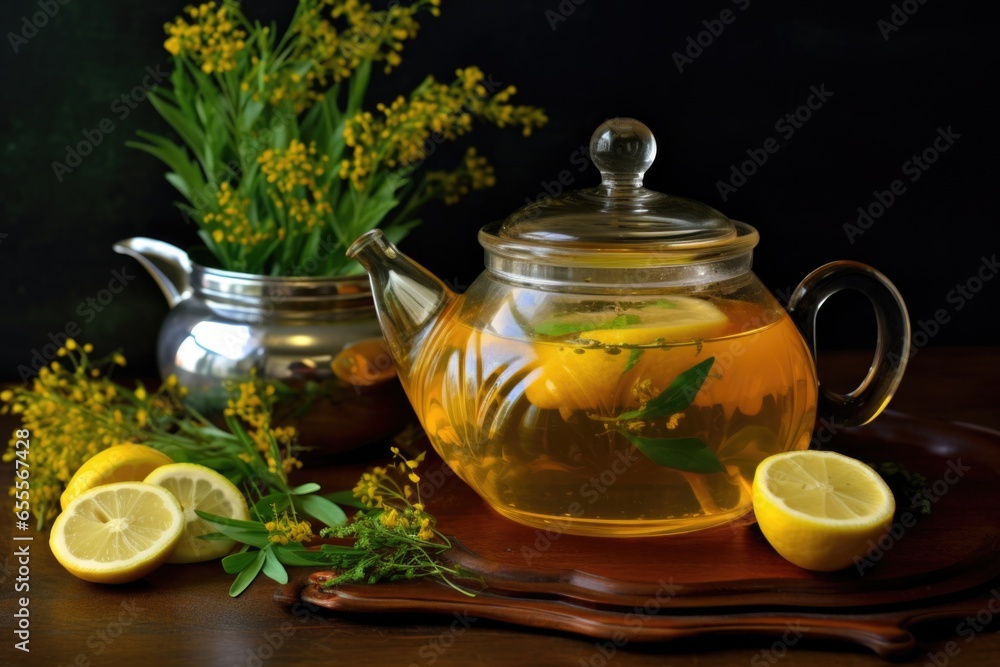 glass teapot filled with lemon verbena tea, with a lemon slice on the side glass teapot filled with lemon verbena tea, with a lemon slice on the side