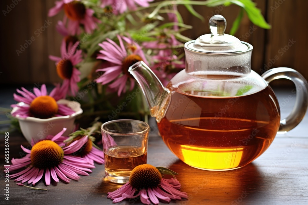 echinacea tea brewing in a clear teapot, fresh echinacea flowers nearby echinacea tea brewing in a clear teapot, fresh echinacea flowers nearby