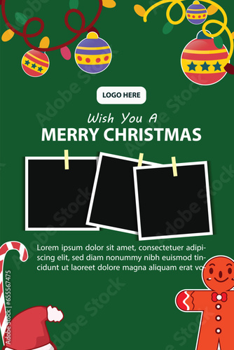 vector template for merry Christmas poster, banner, social media post, with green background and polaroid Christmas ornaments for photos