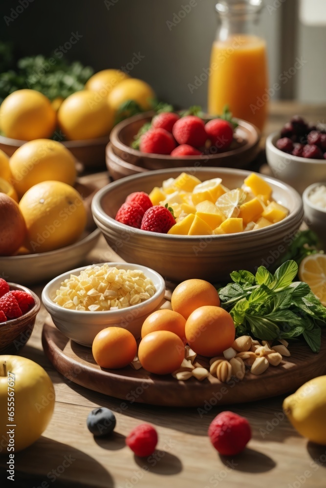A colorful display of fresh fruits and vegetables on a wooden table A colorful display of fresh fruits and vegetables on a wooden table