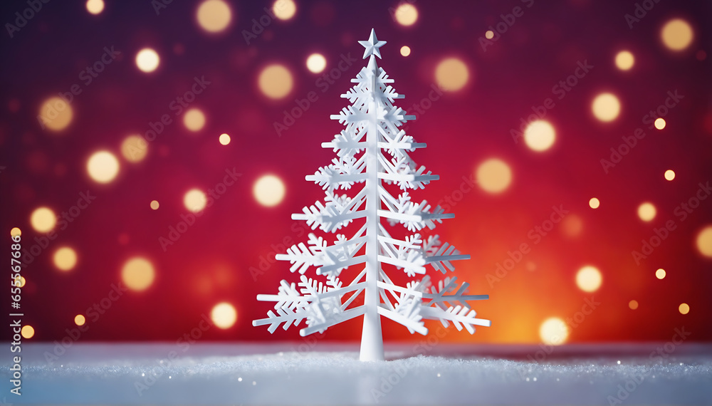 A sleek white Christmas tree with geometric ornaments, surrounded by ethereal floating snowflakes, against a vibrant background gradient, offering a perfect blank space for holiday greetings