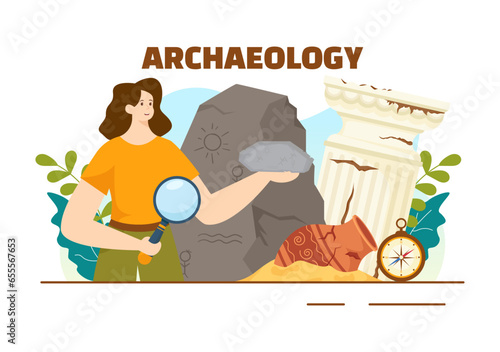 Archeology Vector Illustration with Archaeological Excavation of ancient Ruins, Artifacts and Dinosaurs Fossil in Flat Cartoon Hand Drawn Templates