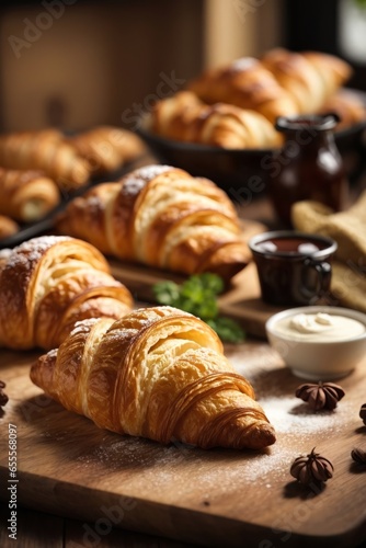 Croissants on a rustic wooden cutting board with a dusting of powdered sugar